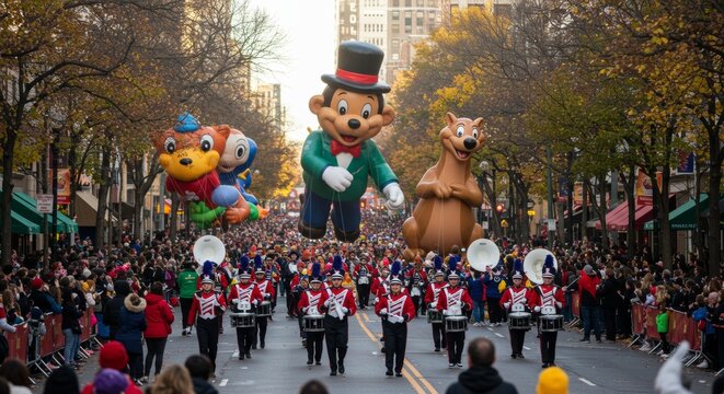 Thanksgiving Day Parade Giant Balloons Marching Band Festive Crowd