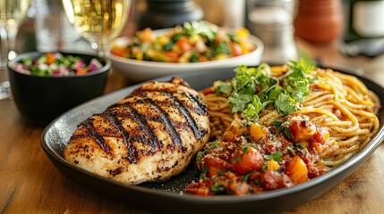 Healthy Dinner Table Setting with Grilled Chicken Breast, Spaghetti, and Colorful Side Dishes 