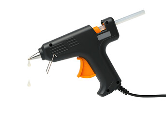 A floating hot glue gun with melted glue dripping, isolated on a solid white background.
