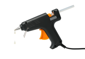 A floating hot glue gun with melted glue dripping, isolated on a solid white background.