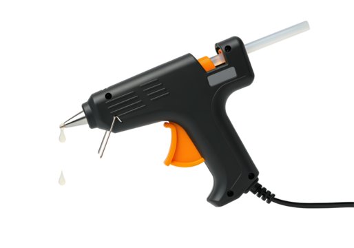 A floating hot glue gun with melted glue dripping, isolated on a solid white background.