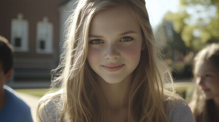 Obraz premium A Blossoming Student: Portrait of a beautiful young girl, radiating a sense of innocence and optimism. In the background a beautiful house. 