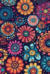 Colorful floral pattern on dark background displaying various decorative flowers