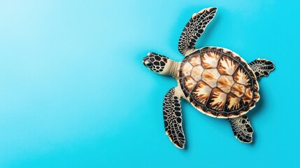 Sea Turtle Swimming on Turquoise Background in Bright Ocean Setting