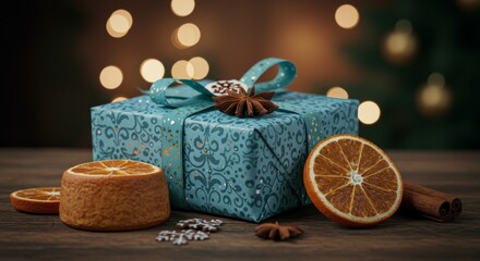 Festive Teal Gift Box with Dried Oranges Cinnamon and Star Anise for Christmas