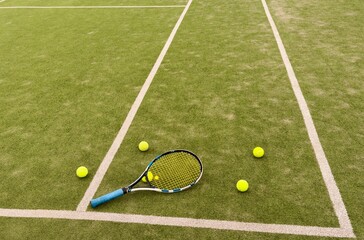 Tennis balls and racket on the grass court