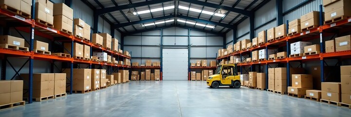 Naklejka premium Modern industrial warehouse interior with high ceilings, concrete floors, metal shelves, and stacks of hardware boxes ready for delivery, delivery, space
