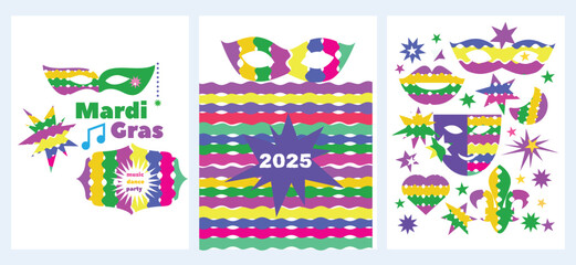 Fototapeta premium Mardi Gras Carnival, masquerade, colorful set cards holidayy template design Vector carnaval banner