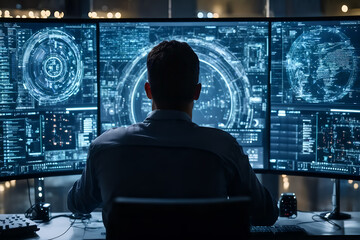 Man analyzing futuristic data on multiple screens in a high-tech control room