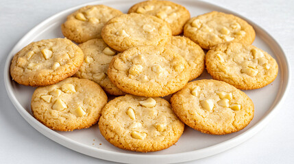 Delicious Cookies on a Plate: A close-up shot of freshly baked, golden-brown cookies on a simple plate, inviting a sensory feast and capturing the essence of home baking.