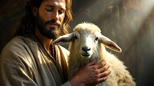 Jesus Christ holding a lamb in His arms The lamb of God who takes away the sin of the world 4K