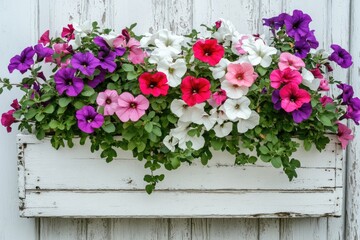 Flowerbox: White Wooden Box with Blooming Purple and Pink Floral Arrangement