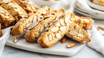 Biscotti Delight: An appetizing array of almond biscotti, perfectly baked and arranged, showcasing their golden-brown crusts and delicate almond toppings. The photo tempts with a warm.