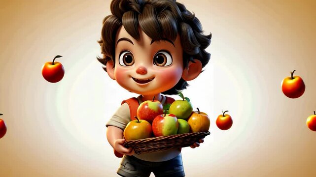 3D cute boy holding a basket with apples Learning Healthy Eating in School 4K - Powered by Adobe
