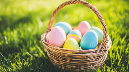Obraz premium Easter Basket in a Meadow: A delightful wicker basket overflows with colorful Easter eggs, nestled amidst a vibrant green meadow, bathed in soft sunlight.