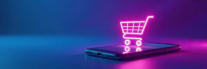 Neon shopping cart symbol hovering over smartphone on vivid blue and purple background,  graphic design,  futuristic