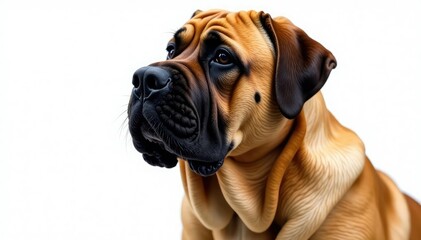 Fototapeta premium Imposing mastiff, head tilted, pure white backdrop, portrait, dog photography