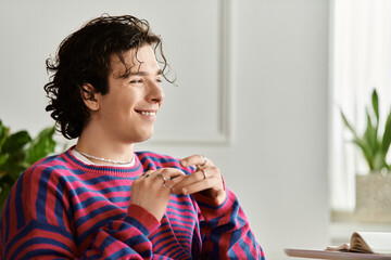 Vibrant joy in a modern living space by a non-binary student with curly hair