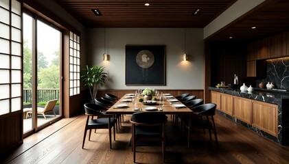 Fototapeta premium Luxurious oriental dining room with black marble countertop, wood panelling, shoji window, and wooden table, sunlight, dining room