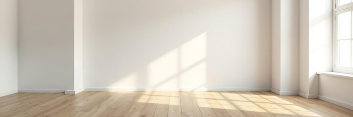Neutral empty brown studio room with wooden flooring and white walls, perfect for showcasing products,  room,  showcase