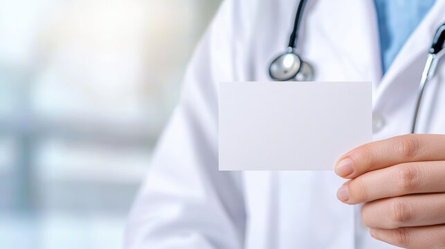 A doctor holds a blank business card, symbolizing professionalism and the healthcare industry in a clean, clinical environment.