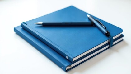 Naklejka premium Marine blue notebooks and pen on white background, school items, writing