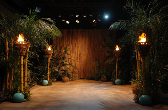 Lush tropical stage featuring tiki torches, warmth and swaying palm fronds evoke exotic island allure