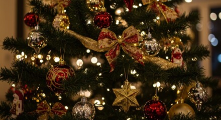 Decorated Christmas Tree with Red and Gold Ornaments Lights and Bow