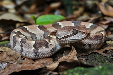 Fototapeta premium Gaboon Viper on Forest Floor. Venomous Reptile Snake in Wild Nature