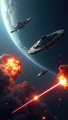 Intense space battle scene with massive starships, explosions, and laser beams,  galaxy, sci-fi