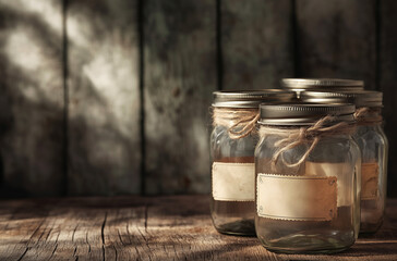 Classic stack of glass mason jars with vintage-style labels exuding nostalgic charm and rustic elegance