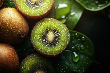 Kiwi, high resolution, macro, bright green background, surrounded by other kiwis, water drops on the surface of the kiwi and in the environment, shot from above, close-up