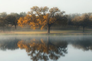 Obraz premium Garland Texas - Autumn Foliage Reflection in Duck Creek Park with Misty Lake