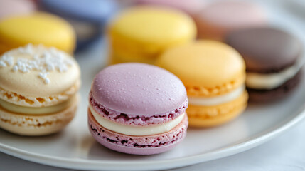 Obraz premium Exquisite Macarons: A delightful assortment of colorful macarons arranged enticingly on a plate, tempting with their sweet, airy shells and creamy fillings. Perfect for a sweet indulgence or dessert.