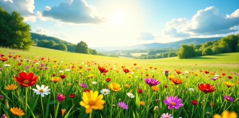 Fototapeta premium Meadow filled with colorful wildflowers under the bright sun in the countryside during summertime, colorful, wildflowers