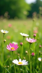Fototapeta premium Meadow with white and pink daisy flowers in sunny day, Estonia, early summer, nature, sunny day