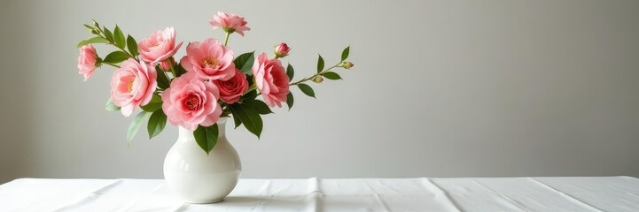 Obraz premium Isolated branches in a vase on white tablecloth with fresh flowers, elegant, flowers