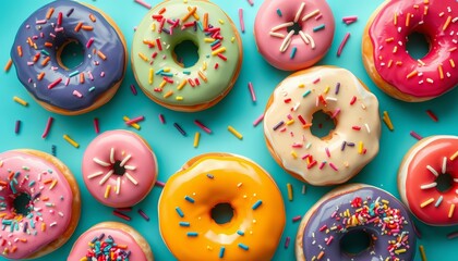 A colorful assortment of donuts with vibrant icing and sprinkles arranged on a turquoise background, sprinkles, pastry