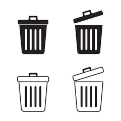 A set of four trash bin icons in solid and outline styles. Perfect for waste management, recycling, sanitation, eco-friendly concepts, and environmental awareness designs.