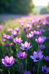 Lush field of romantic violet flowers in bloom,  purple,  nature