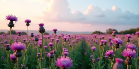 Obraz premium Sea of tall spiny purple Cotton Thistle flowers in full bloom, Onopordum, purple