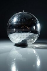 Shiny silver disco ball reflecting light in a dark room on white background,  reflection,  white background