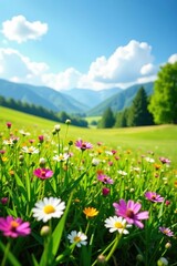 Fototapeta premium Lush field of wild flowers in Bavaria, Germany under a clear blue sky, vertical, flora