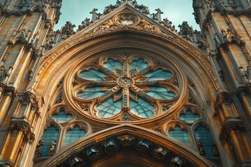 Obraz premium Exploration of Modular Construction With Elaborate Tracery and Vibrant Flowers Enhancing Architectural Design