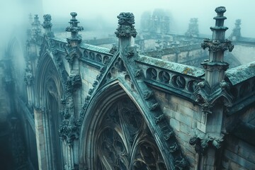 Naklejka premium Exploration of Gothic Architecture Showcasing Intricate Rose Windows and Supporting Flying Buttresses in a Misty Setting
