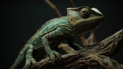 Obraz premium Close-Up of a Colorful Lizard on a Branch Against a Dark Background