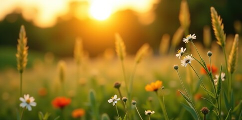 Selective and soft focus on grass flowers and wild plants swaying in the breeze, illuminated by golden sunset in Spring and summer natural backdrop,  copy space,  swaying