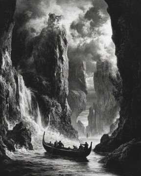 Gustave Dore. Apostle Paul Shipwrecked in a Scenic Nature Landscape with Rocks and Waterfall