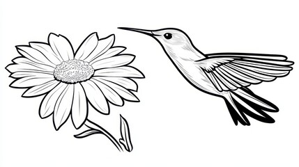 Obraz premium Hummingbird Approaching a Flower in Minimalist Line Art Style