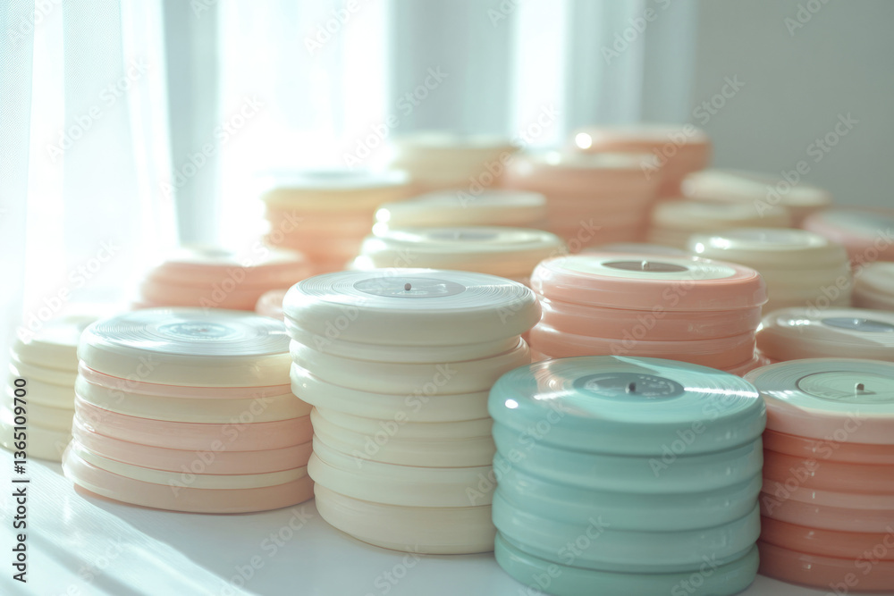 Poster stacks of pastel-colored round objects, possibly ribbon spools or records, arranged near a window.